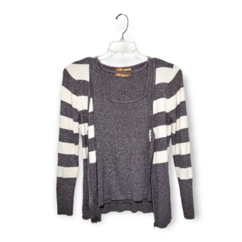 Belldini Sparkly Grey White Striped Tank Top and Sweater Set Large